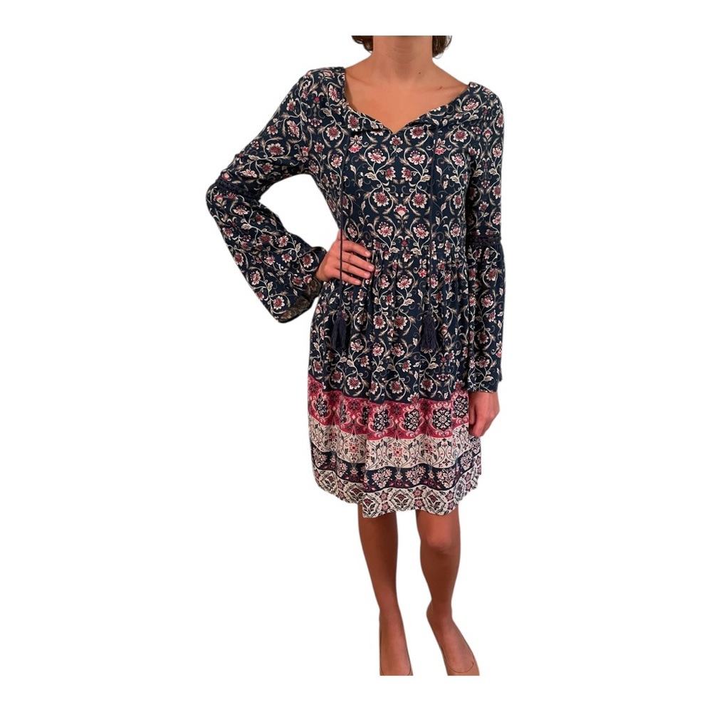 Altar’d State dress long sleeve cut out back navy pink print boho NWT S